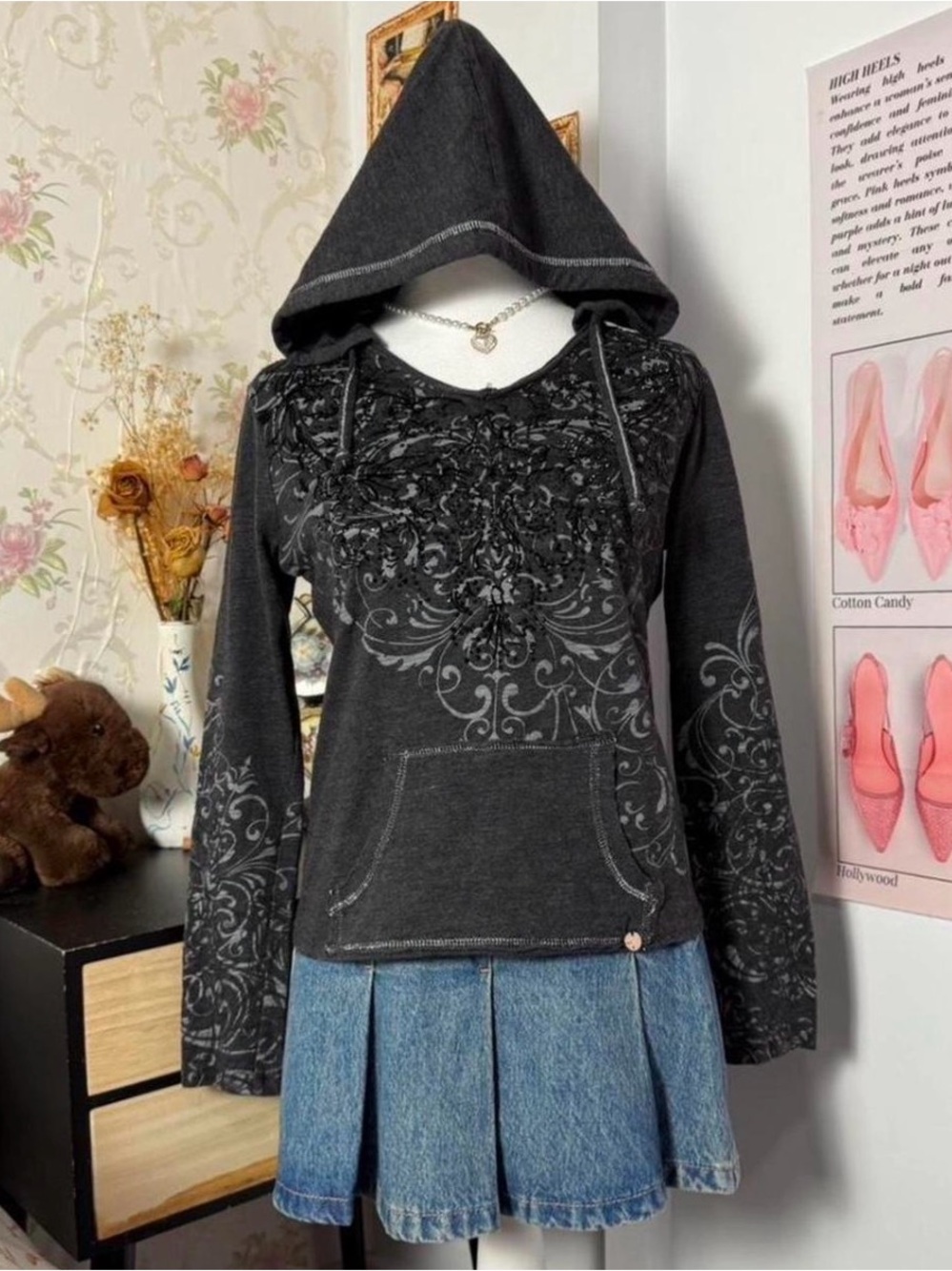 Point Zero Black Hooded Pullover with Scrollwork Print